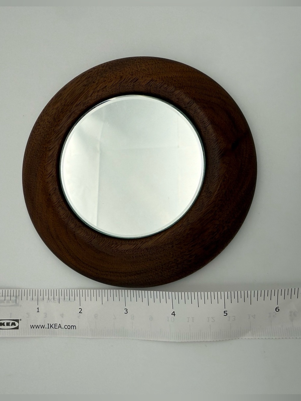 Small Round hand Mirror with Warm Brown Wood Frame